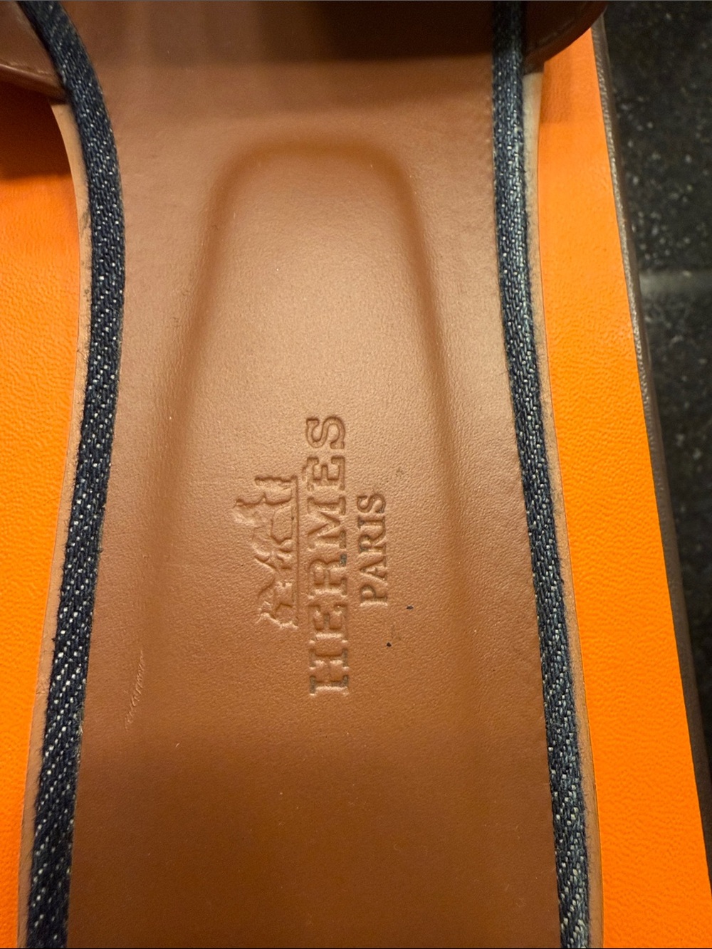 Hermes Denim Navy and Brown Oran Slide Sandals 39 - Picture 2 of 5